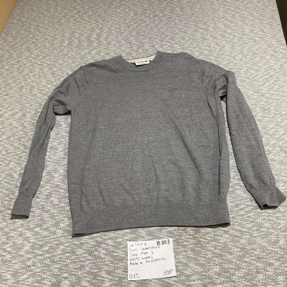 La Coste Gray Wool Sweater Mens L Made in Madagascar. SKU-B353